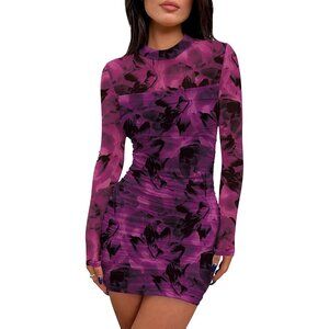 Women's  Purple Print Long Sleeve Ruched Bodycon Neck Mini Party Dresse